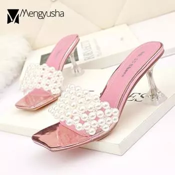 Прозрачные тапочки с бусинами, женские сандалии, шлепанцы, стеклянные туфли на высоком каблуке, летняя пляжная обувь, женские квадратные носки, прозрачные жемчужные шлепанцы 5 чёрный