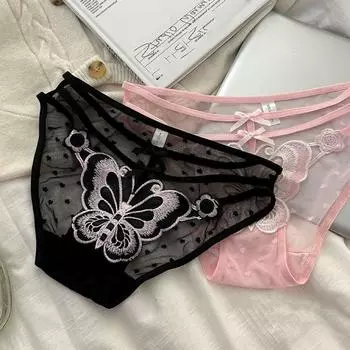 Прозрачные трусы с вышитыми бабочками и бантом, хлопковые сетчатые трусики с цветочным узором в промежности, для девочек