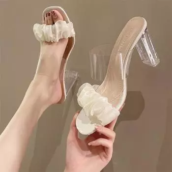 Прозрачные туфли на высоком каблуке женские летние новые водонепроницаемые туфли с одним словом на ремешке супер высокие каблуки тапочки с кристаллами на толстом каблуке босоножки женские 34