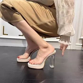 Прозрачные туфли на высоком каблуке женские новые летние водонепроницаемые сандалии на платформе с толстым каблуком и маленьким размером крутые шлепанцы 34