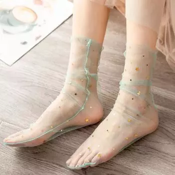 Прозрачные женские носки, красочные летние со звездами, ультратонкие нейлоновые свободные длинные носки, женские милые сетчатые кружевные носки для девочек, носки