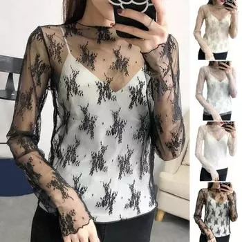 Прозрачные женские топы из полой сетки с цветочным принтом, сексуальная прозрачная кружевная рубашка с круглым вырезом и длинным рукавом с вышивкой белый