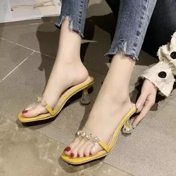 Прозрачные женские туфли из прозрачного ПВХ, летние тапочки для вечеринок, модные дизайнерские шлепанцы с кристаллами и цветами, сандалии на низком тонком каблуке 35 бежевый