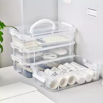 Прозрачный 4-слойный контейнер для хранения с ручкой, большой емкости, многоцелевой, для рукоделия, шитья зелёный