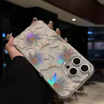 Прозрачный акриловый лазерный алмазный чехол для телефона с цветами для iPhone 16 14 13 15 Pro Max с защитой от падений и подушкой безопасности iPhone 16 Plus
