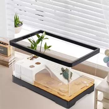 Прозрачный аквариум для черепах, аквариум для рыб с нижним сливом, аквариум для рептилий с платформой для прогрева, открытый ящик для разведения черепах Terrapin PET medium black [bare tank]