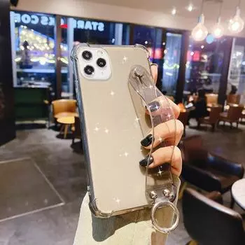 Прозрачный блестящий чехол для телефона с ремешком на запястье для iPhone 11 12 13 14 Pro Max X XR XS Max 7 8 Plus SE чехол-подставка For iPhone SE 2020
