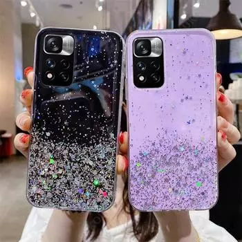 Прозрачный блестящий чехол для телефона Xiaomi 13T Pro 12T 11T Pro Poco X5 Pro Redmi Note 12 11 10 Pro градиентные радужные блестки For Xiaomi Poco M3 Pro 5G чёрный