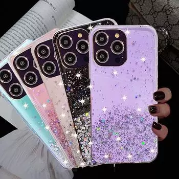 Прозрачный блестящий чехол с блестками для Samsung Galaxy A04S A53 A34 A54 S21 S22 S23 Ultra Plus Xiaomi Redmi 12C iPhone 14 13 12 11 Pro Max, мягкий чехол For Samsung Galaxy A04 фиолетовый