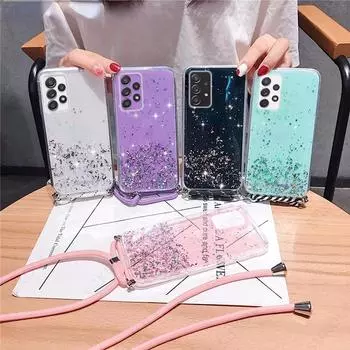 Прозрачный блестящий чехол с шейным ремешком и шнуром для Samsung S23 S22 Ultra S21 S20 FE S10 A14 A24 A34 A54 A13 A23 A33 A53 A12 A22 A32 A52 A31 A51 A71 A50 iphone 6 6s белый