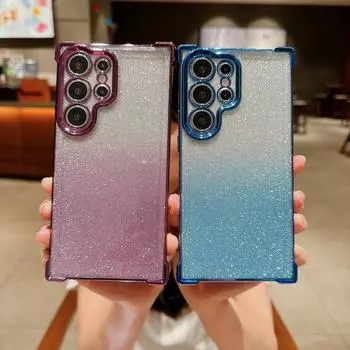 Прозрачный блестящий градационный чехол для телефона для Samsung S24 Ultra S23 FE S22 Plus A55 A54 A35 A34 A25 A15 5G Сверкающий квадратный противоударный мягкий чехол из ТПУ Samsung S24 чёрный