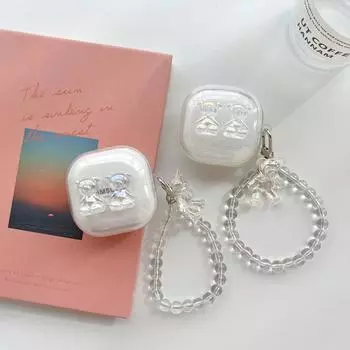 Прозрачный чехол для наушников с 3D медведем и милым мультяшным принтом для Samsung Galaxy Buds 2 Pro Live, чехол для Galaxy Buds2 Pro, полная защита с жемчужным ремешком for Galaxy Buds Live