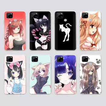 Прозрачный чехол для Samsung A04 A14 A23 M33 M53 Realme 10 9 C35 C55 VIVO X80 Infinix Hot 30 Note 11 Tecno Spark 8P Pro W-59 Cat Girl Samsung A34 5G аэро