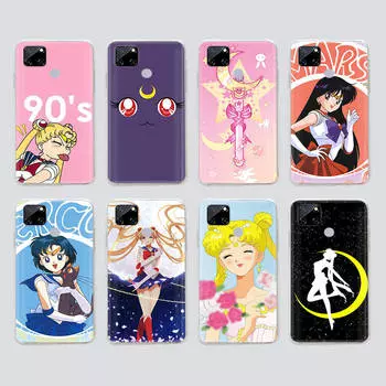 Прозрачный чехол для Samsung A04 A14 A23 M33 M53 Realme 10 9 C35 C55 VIVO X80 Infinix Hot 30 Note 11 Tecno Spark 8P Pro W-67 Sailor Moon Girls Samsung M53 5G зелёный