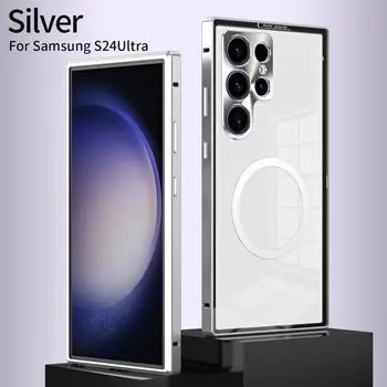Прозрачный чехол для Samsung Galaxy S24 Plus Ultra Магнитная выдвижная задняя панель для беспроводной зарядки Magsafe Роскошный чехол S24Ultra For S24 серебряный