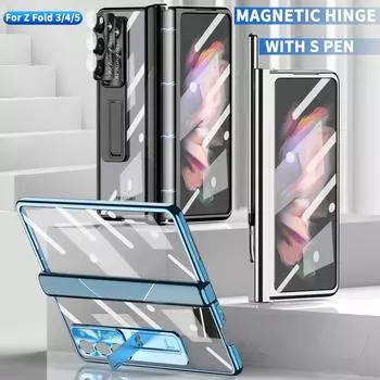 Прозрачный чехол для Samsung Galaxy Z Fold 3 4 5, магнитный с S-ручкой, закаленная пленка, защитный чехол-подставка For Galaxy Z Fold 5 синий