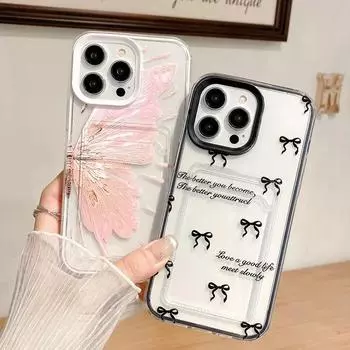 Прозрачный чехол для телефона из ТПУ 3 в 1 с отделением для карт для iPhone 15 Pro Max 15 14 Plus 13 12 11 X XS Max SE 7 8, милый чехол с принтом банта iPhone SE 2022/2020 чёрный