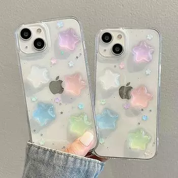 Прозрачный чехол для телефона с блестящим порошком и 3D красочными звездами для iPhone 14 13 12 11 15Pro Max 12 13, модный мини-противоударный чехол для женщин For iPhone 12 Mini