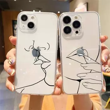 Прозрачный чехол для телефона с геометрическим рисунком девушки, линии рта и цветка для iPhone 15 14 13 12 11 Pro Max XS X XR 7 8 Plus, противоударный чехол iPhone 14 Plus