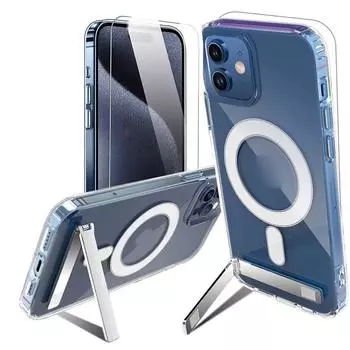 Прозрачный чехол для телефона с магнитной подставкой и защитной пленкой для iPhone 15 14 Pro max Plus 13 12 Mini 11, прозрачный чехол-подставка For iPhone 12 pro