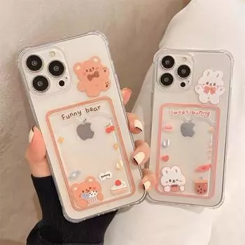 Прозрачный чехол для телефона с милым кроликом и мультяшным медведем для Iphone 13 Pro Max 12 11 Xs Xr 7 8 14 Plus, держатель для карт, мягкий противоударный чехол For iPhone X Xs