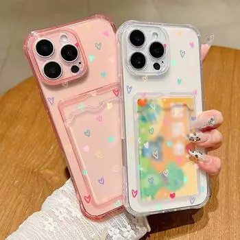Прозрачный чехол для телефона с принтом маленьких сердец любви для iPhone 16 Pro 15 Pro Max 14 13 12 11, прозрачный слот для карт, мягкий противоударный бампер из ТПУ iPhone 16 серый