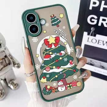 Прозрачный чехол для телефона с рисунком рождественской елки для iPhone 16 15 Pro 14 Plus 13 12 Mini 11 Pro Max 8 7 с магнитными мягкими краями и твердыми однотонными краями, тонкий чехол iPhone 16 чёрный