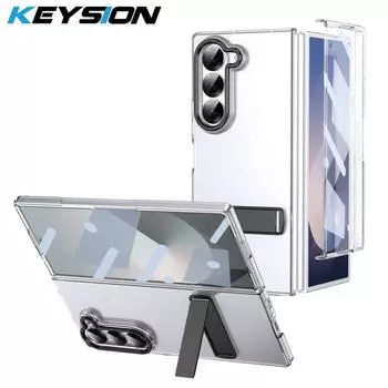 Прозрачный чехол KEYSION для Samsung Z Fold 6 5 4 3 5G Жесткий ПК Металлическая подставка Ударопрочный чехол для телефона с защитой экрана for Galaxy Z Fold 3 красный