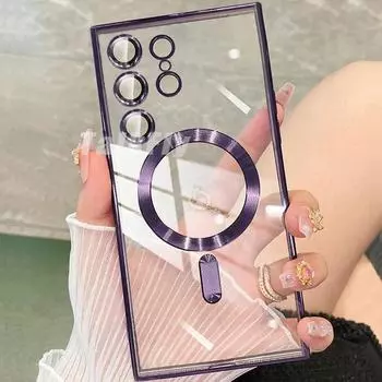 Прозрачный чехол Magsafe для Samsung Galaxy S21 S22 S23 S24 Ultra Plus, магнитный силиконовый чехол с беспроводной зарядкой For S24 Ultra фиолетовый