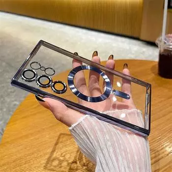 Прозрачный чехол Magsafe для Samsung Galaxy S21 S22 S23 S24 Ultra Plus, магнитный силиконовый чехол с беспроводной зарядкой Samsung S21 Ultra чёрный