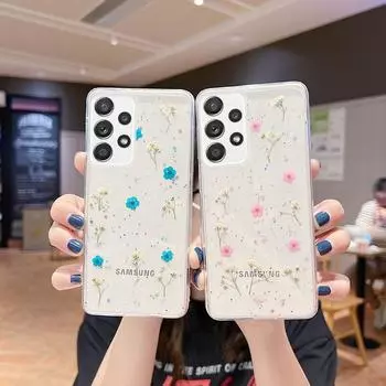 Прозрачный чехол с натуральным сухим цветком и блестками для Samsung Note 20 Ultra, чехол для телефона Samsung S24 Ultra S23 FE S22 Plus A33 A53 A73 5G, чехол