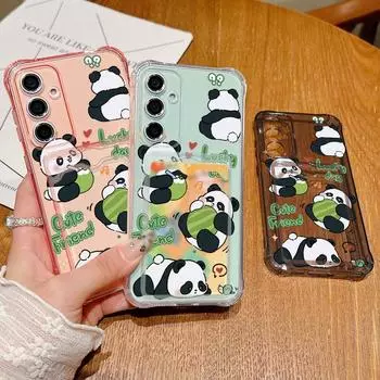 Прозрачный чехол с отделением для карт и рисунком в виде маленькой панды для Samsung S24 S22 Ultra S23 S21 S20 Fe A55 A54 A53 A35 A34 A15, противоударный, мягкий, силиконовый, тонкий чехол Samsung S24 серый
