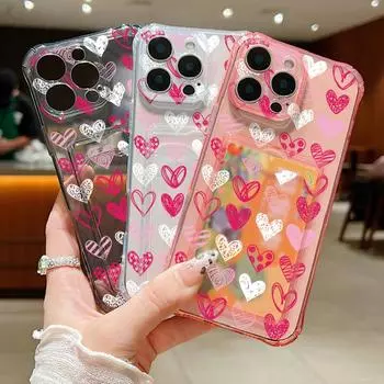 Прозрачный чехол с отделением для карт и розовыми сердечками для iPhone 16 Pro Max 15 Pro 14 13 12 11, мягкий силиконовый тонкий противоударный прозрачный защитный чехол для телефона iPhone 16 серый