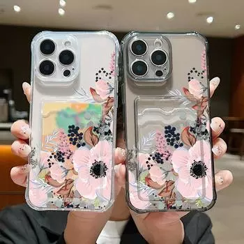 Прозрачный чехол с отделением для карт, модный цветочный узор для iPhone 16 Pro Max 15 14 Pro 13 12 11, мягкий силиконовый противоударный прозрачный защитный чехол для линз телефона iPhone 16 серый
