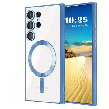 Прозрачный чехол с покрытием для Samsung Galaxy S24 S23 S22 S21 S20 FE Ultra Plus Note 20 Ultra MagSafe, чехол для беспроводной зарядки For Galaxy S24 Ultra светло-синий