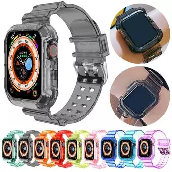 Прозрачный чехол с ремешком для Apple Watch 45 мм 38 мм 40 мм 41 мм 42 мм 44 мм силиконовый желейный прозрачный мягкий ремешок для iWatch Series 9 8 7 6 5 4 3 2 1 SE 44mm розовый