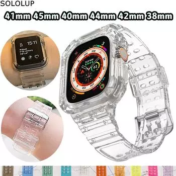 Прозрачный чехол с ремешком для Apple Watch 9 8 7 41 мм 45 мм 40 мм 44 мм 42 мм 38 мм для iWatch Series SE 6 5 4 3 2 1, спортивный защитный чехол из ТПУ с ремешком 40mm розовый