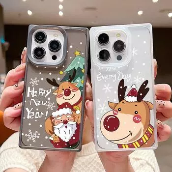 Прозрачный чехол с рисунком оленя для iPhone 16 Pro Max 15 14 Plus 13 Pro 12 11 Santa Tree TPU мягкий противоударный прозрачный чехол для телефона iPhone 16