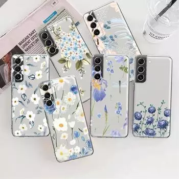 Прозрачный чехол с синим цветком и стрекозой для Samsung Galaxy S23 S22 S21 S20 Fe Ultra S10 S9 S8 Plus 10e S10lite Note 10plus 20ultra Samsung S9