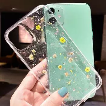 Прозрачный чехол с сухоцветами для iPhone 15 14 Pro Max 13 12 Pro/Samsung Galaxy S24 Plus S23, ультрамягкий эпоксидный чехол из ТПУ iPhone 13 жёлтый