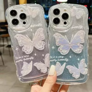 Прозрачный чехол с волнистой каймой для iPhone 15 14 13 Pro Max 12 11, противоударный блестящий чехол из ТПУ в виде бабочки с ручной цепочкой iPhone 13 Pro Max синий