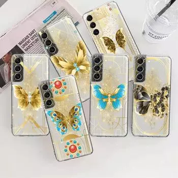 Прозрачный чехол с золотым бабочкой и цветком для Samsung Galaxy S23 S22 S21 S20 Fe Ultra S10 S9 S8 Plus 10e S10lite Note 10plus 20ultra Samsung S20 FE 5G