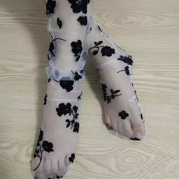Прозрачный цветочный тюль тонкие носки с начесом носки из тюля с сеткой и цветочным кружевом дышащие весенние чёрный