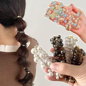 Прозрачный держатель для хвоста с бусинами, прямое жемчужное кольцо для волос, модная веревка для волос на каждый день синий