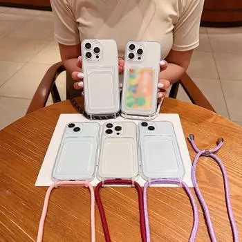 Прозрачный держатель для карт, кошелек, ожерелье через плечо, ремешок, чехол для iPhone 15, 14, Pro Max, Plus, 13, 12, 11, Pro Max, мягкий силиконовый тонкий чехол iPhone 15 чёрный