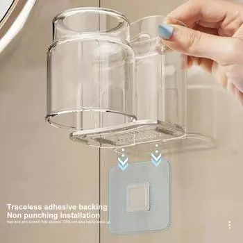 Прозрачный держатель для зубных щеток для ванной комнаты с чашкой. Крепится на стену. Не прилипает. Противоскользящий. Перевернутый дренажный дизайн. Прозрачный. Два в одном. чистый/серый