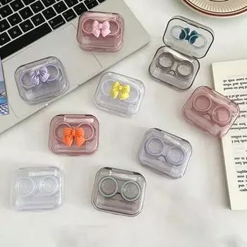 Прозрачный футляр для контактных линз с симпатичным бантиком. Легко открывающаяся крышка. Цветная видимость. Полная защита. Прозрачный футляр. синий