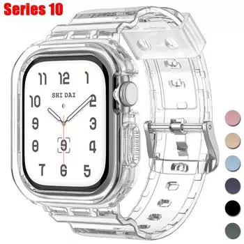 Прозрачный комплект чехлов для Apple Watch Series 10 42 мм 46 мм ремешок чехол для IWatch Series10 42/46 мм силиконовый ремешок прозрачный защитный Series 10 42mm прозрачный
