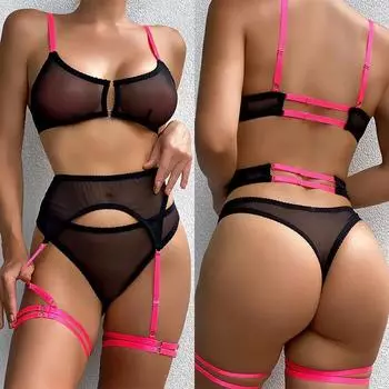 Прозрачный комплект из трех частей эротического нижнего белья Lingeries сексуальное женское нижнее белье для женщин розовый черный Sujetadores Sexys комплект нижнего белья S