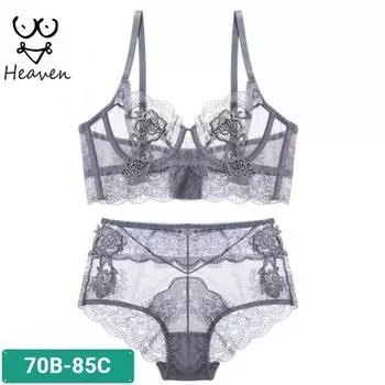 Прозрачный комплект нижнего белья для женщин, нижнее белье, ультратонкий бюстгальтер и трусики, бюстгальтер с эффектом пуш-ап, нижнее белье, бюстгальтер и трусы, комплект 70B серый